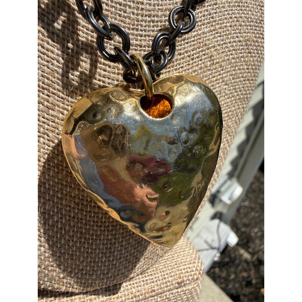 Express signed Chunky Gunmetal Chain Hammered Gold Heart Statement Necklace 36" - Picture 12 of 12